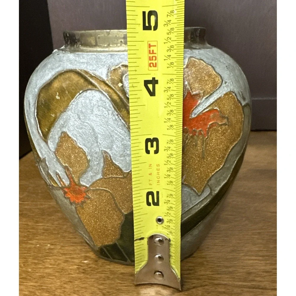 Brass and Enamel Vase Floral Flowers Oval Opening Hand Painted Made in India VTG
